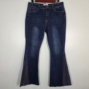 Bamboo Original Denim Womens Rhinestone Flare Jeans Dark Wash Raw Hem Size 11